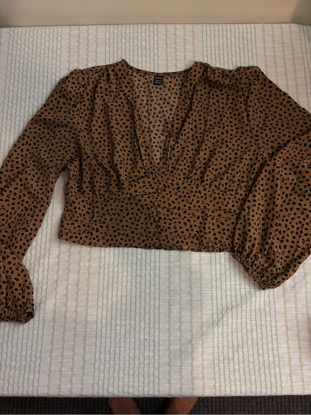 SHEIN Brown Leopard Print Smocked Waist V-Neck Blouse